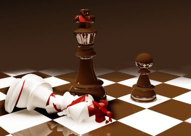 Ofis ve güç biçiminde satranç taşları. Politik çatışma kavramı, 3D yorumlamanın kralını yenmek..
