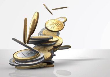 Dolar ve Euro 'yu beyaz arka planda bırakacağız. 3d oluşturma.