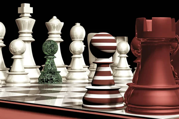 チェスの駒はデジタルコンピュータボードの形をしている デジタル化の概念 3Dレンダリング — ストック写真