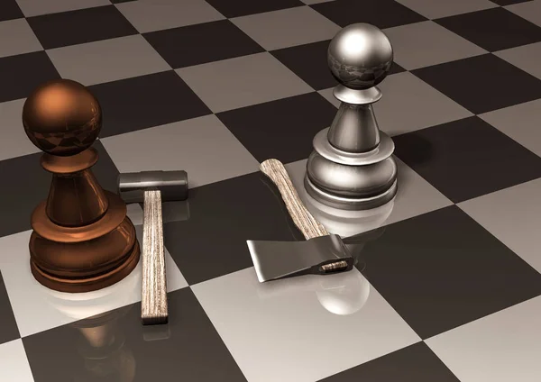 Šachové Figurky Podobě Konfliktu Sekerou Kladivem Koncept Politického Konfliktu Vykreslování — Stock fotografie