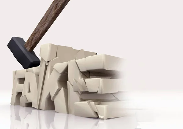 Hammer Smashes White Stone Word Fake White Background Visualization Illustration — ストック写真