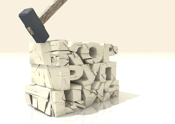Rendering Hammer Breaks White Stone Inscription Word Corruption White Background — ストック写真
