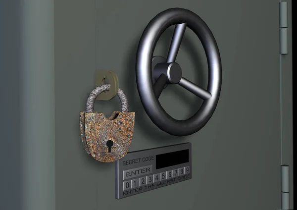 3D rendering. Modern close-up safe with digital combination lock and old rusty iron lock. Business and financial concept and humor