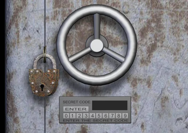 Iron old safe close-up with digital lock and old mechanical scales. 3D rendering. Business and financial concept and humor.