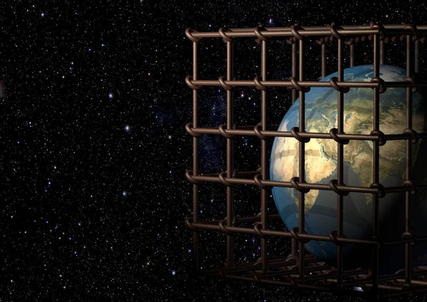Demir Bir Hapishane Hücresinin Arkasındaki Dünya Gezegeni Oluşturma — Stok fotoğraf