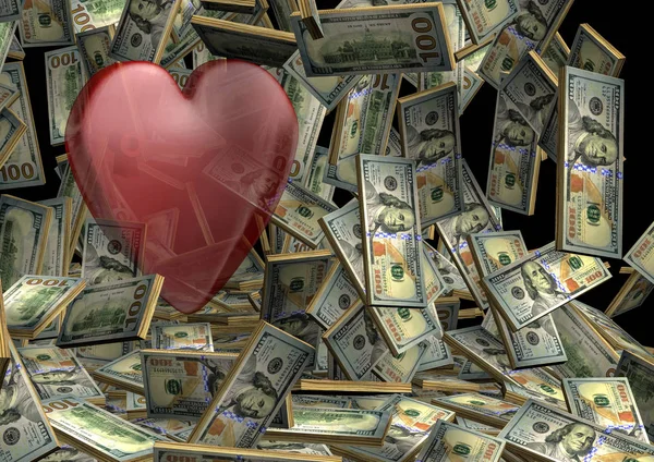 American dollars raining down on a lover\'s heart. 3D rendering