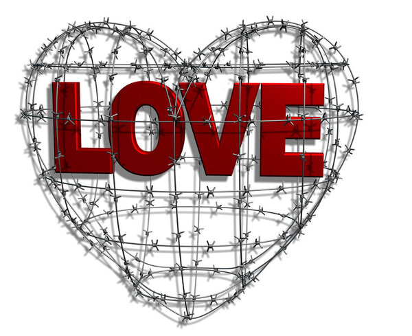3D rendering. The text of the word "love" is inside the barbed wire in the form of a heart. Transparent background.