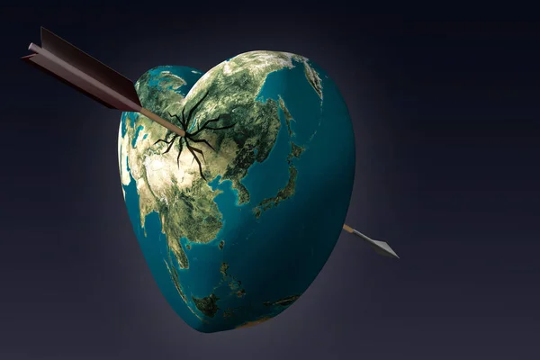 Planeta Terra Forma Coração Perfurado Por Uma Flecha Renderização — Fotografia de Stock