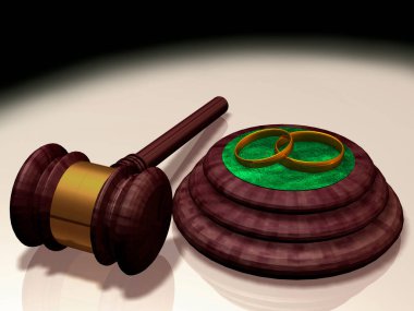 3 boyutlu görüntüleme. Alyanslar mahkeme çekiçinin üstünde. Aile ilişkilerinde boşanma, sonsuz bir sorundur..