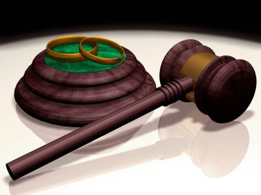 3 boyutlu görüntüleme. Alyanslar mahkeme çekiçinin üstünde. Aile ilişkilerinde boşanma, sonsuz bir sorundur..