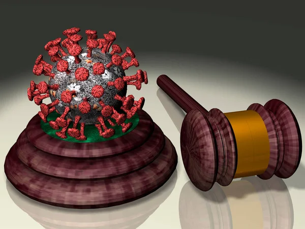 Representación Modelo Del Coronavirus Covid Sobre Martillo Judicial —  Fotos de Stock