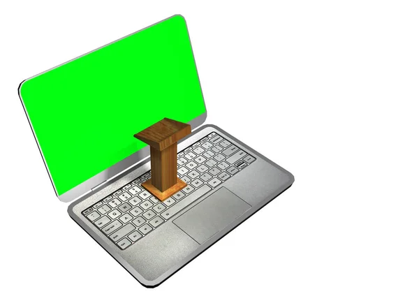 Pódio Laptop Com Fundo Verde Monitor Renderização — Fotografia de Stock