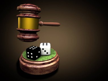 Yargıç 'ın çekiç ve zarları. Kumar, kumarhaneler ve adalet. 3B görüntüleme.