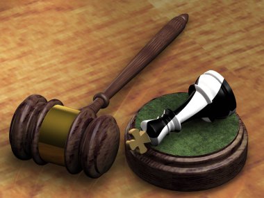 Yargıcın çekici ve kralın siyah beyaz satranç taşı. Anavatana ihanet, casus. 3B görüntüleme.