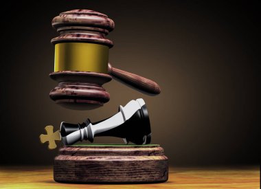 Yargıcın çekici ve kralın siyah beyaz satranç taşı. Anavatana ihanet, casus. 3B görüntüleme.