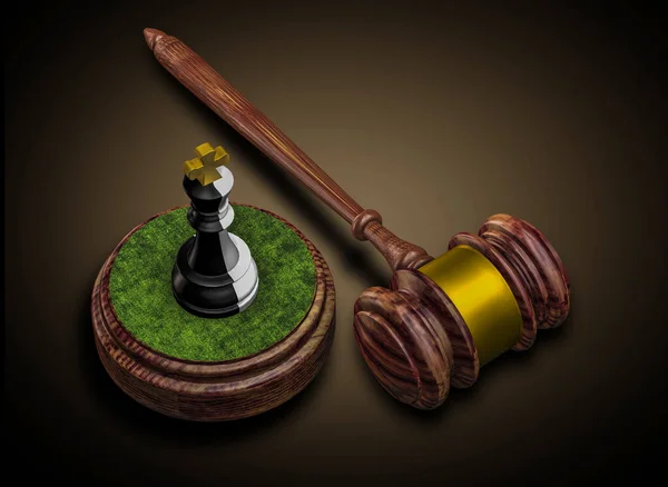 裁判官のハンマーと王の黒と白のチェスの駒 祖国の裏切りスパイ 3Dレンダリング — ストック写真