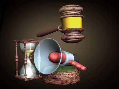 Adaletin çekici ve kum saatinin üzerindeki bir adamın tabutu. 3B görüntüleme.