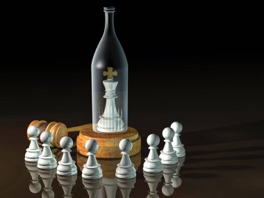 Adaletin çekici. Satranç taşları ve şişedeki papaz. 3B görüntüleme.