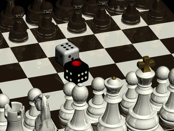 チェス盤チェスの駒 ダイス 3Dレンダリング — ストック写真