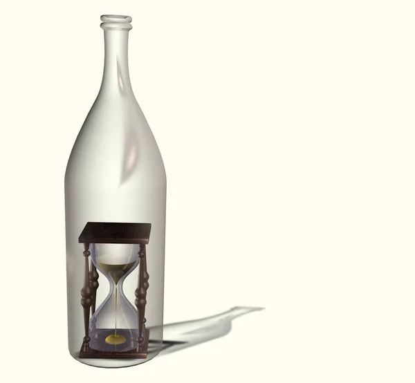 Szklana Butelka Alkoholu Wewnątrz Klepsydry Renderowanie — Zdjęcie stockowe