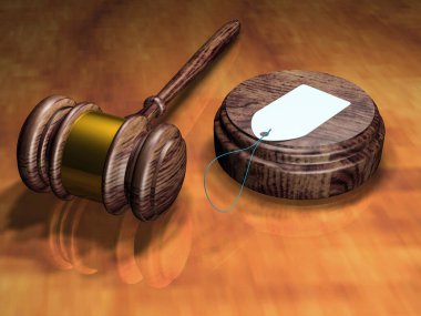 Adaletin çekicinin fiyat etiketi. Fiyat politikası, aldatma. 3B görüntüleme.