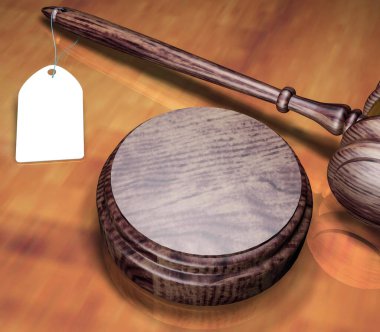 Adaletin çekicinin fiyat etiketi. Fiyat politikası, aldatma. 3B görüntüleme.