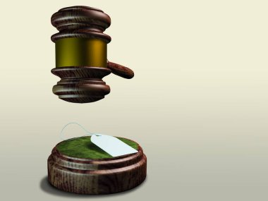 Adaletin çekicinin fiyat etiketi. Fiyat politikası, aldatma. 3B görüntüleme.