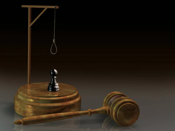 正义之锤和黑白相间的棋子在绞刑架下的女王惩罚叛逆官员的概念 3D渲染 — 图库照片