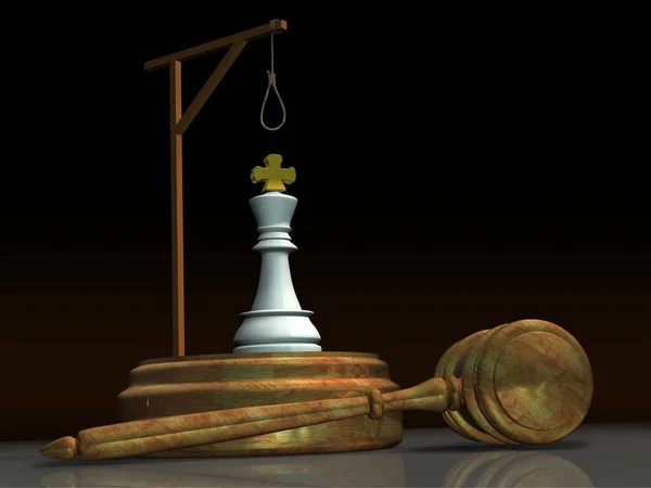 正义之锤和国王在绞刑架下的棋子惩罚国家元首的概念 3D渲染 — 图库照片
