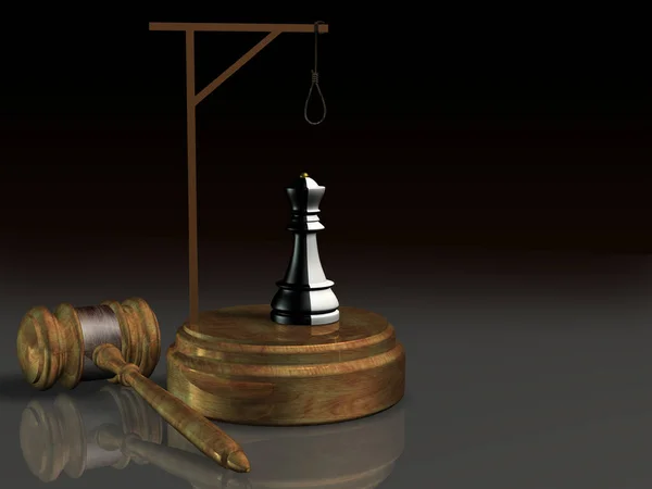 正义之锤和黑白相间的棋子在绞刑架下的女王惩罚叛逆官员的概念 3D渲染 — 图库照片