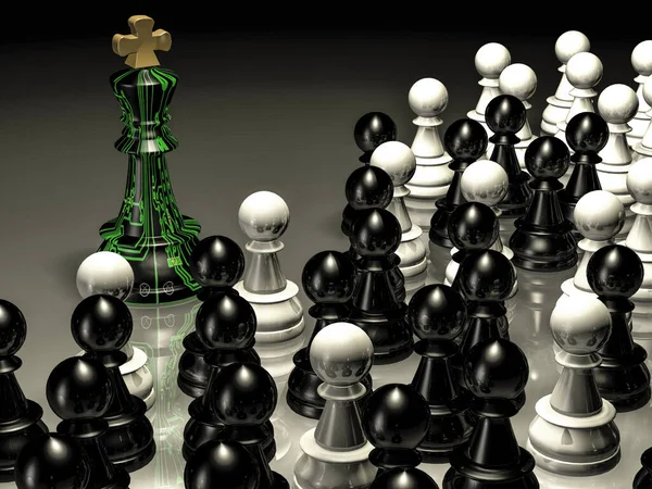 A chess piece of a king with pawns. Drawn on a digital light Board. The concept of modern technology and 3D rendering.