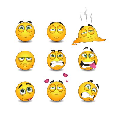 Gülümseme vektör grafik kümesi. Duygular kümesi. Emoji kümesi. Beyaz arka plan üzerinde izole vektör çizim