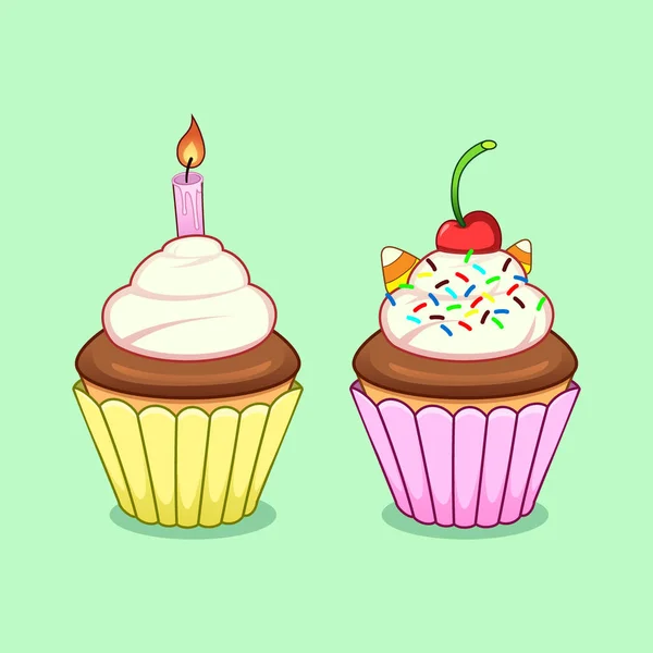 Cupcakes Vector Set Green Background — Stock Vector