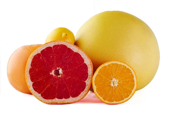 Стигла Половина Грейпфрута Апельсина Цілий Помело Лимон Білому Фоні — стокове фото