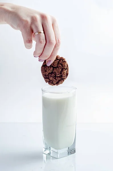 Chocolate Chip Cookies Glass Milk White Background — Stock Photo, Image