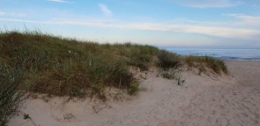 Dunes sabah Baltık Denizi, sahil için bir yol plaj.