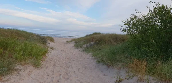 Dunes sabah Baltık Denizi, sahil için bir yol plaj.