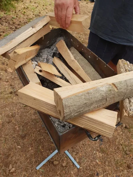 Firewood Being Prepared Fire Preparation Wood Sticks Lighting Campfire Camping — Stock Photo, Image