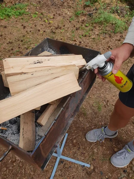 Firewood Being Prepared Fire Preparation Wood Sticks Lighting Campfire Camping — Stock Photo, Image