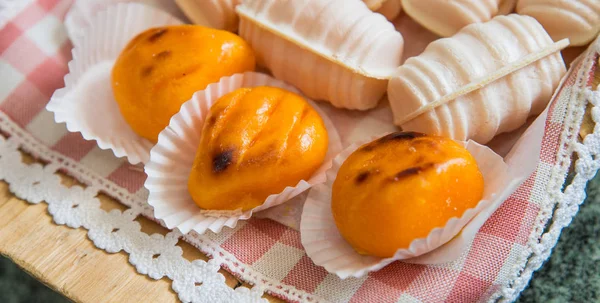 Pila Dulces Yema Huevo Portuguesa Ovos Moles Aveiro Servilleta Decorativa — Foto de Stock