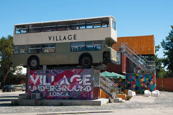 Creative Incubator Space Village Underground Shipping Containers Double Decker Buses — Stock Photo, Image