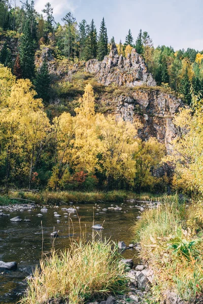 Paisaje de otoño. Bosque, río, piedras, roca, hojas . — Foto de Stock