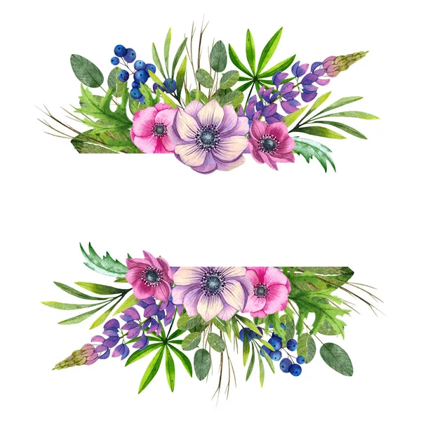 Watercolor hand painted banner with anemone flowers and leaves. For wedding design, invitation and greeting cards. Isolated object on white background.