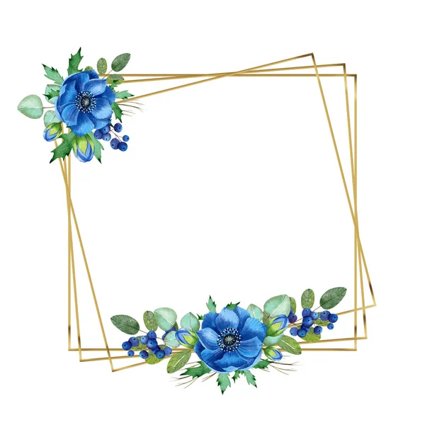 Gold geometric frame with watercolor flowers. Romantic style template with anemones for wedding design, invitations and greeting cards. Isolated object on white background.