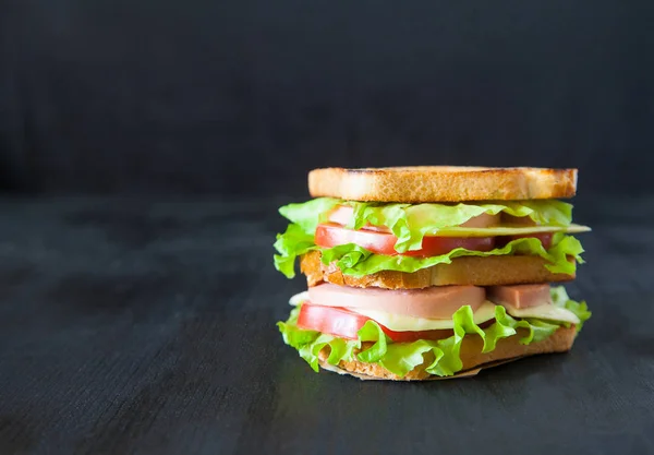 Et, peynir ve domates siyah ahşap bir masa ile sandviç — Stok fotoğraf