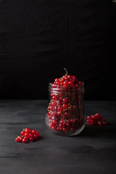 Red Currant Berries Glass Jar Black Background — Stock Photo, Image