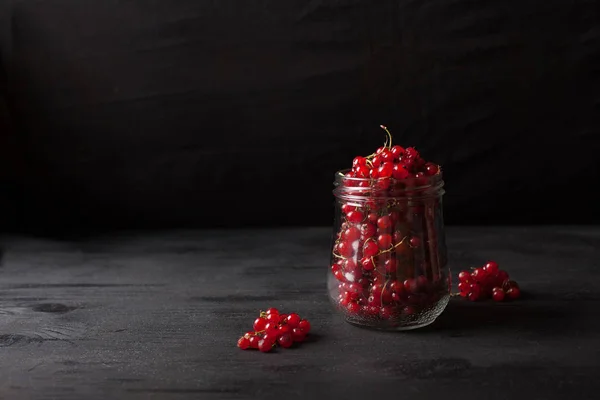 Red Currant Berries Glass Jar Black Background — Stock Photo, Image