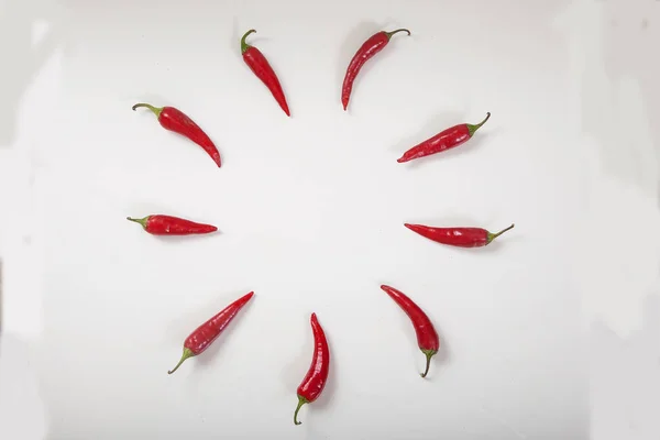 Rode hete chili pepers gerangschikt in een cirkel op een witte achtergrond. Kopiëren spaes. — Stockfoto