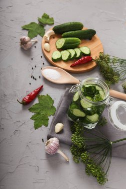 Fermente edilmiş salatalık, kırmızı acı biber, dereotu, tuz, yabanturpu, sarımsak, gri arka planda gri bir peçete. Dikey