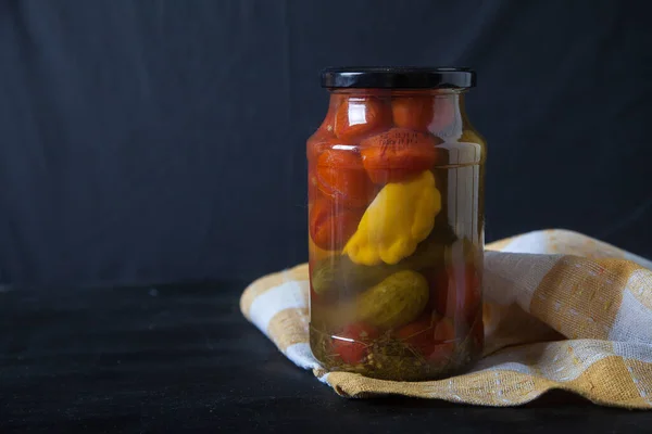 Pickled Vegetables Glass Jar Stand Yellow Linen Napkin Black Background — Stock Photo, Image